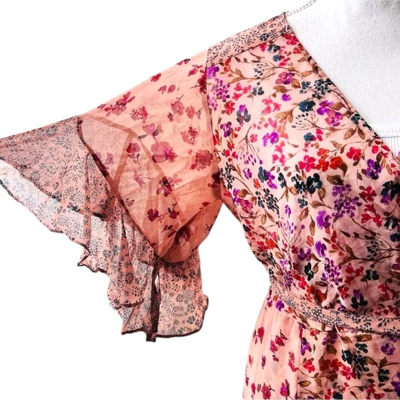 Lovestitch Priscilla Mauve Floral Flowy Wrap Maxi Dress Flutter Slvs Tie Belt LG - Picture 6 of 15